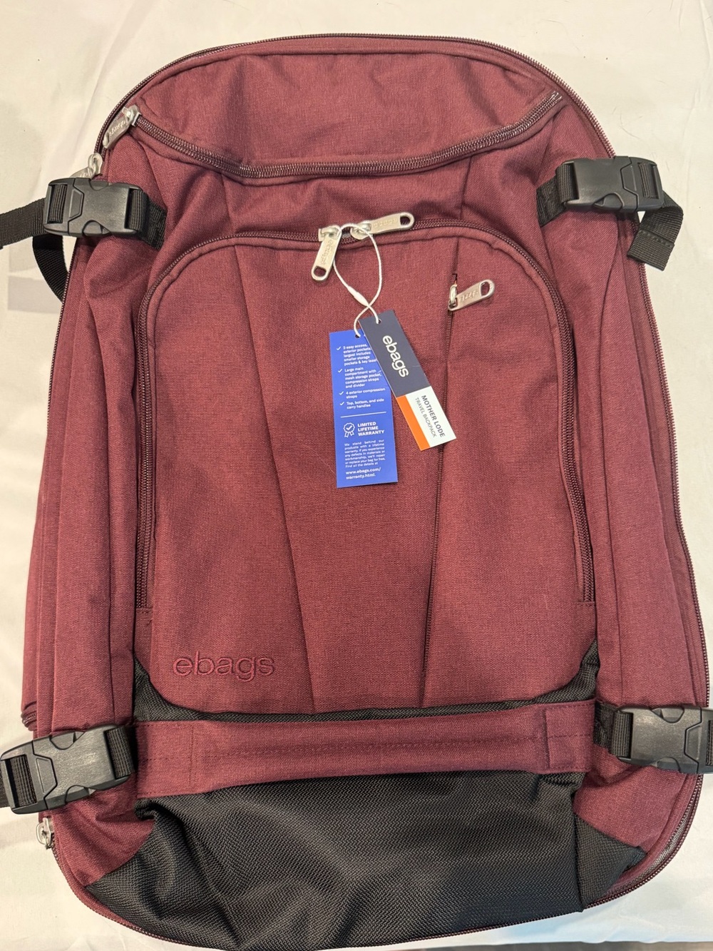 eBags Mother Lode Travel Backpack Burgundy Garnet Carry On Convertible NWT